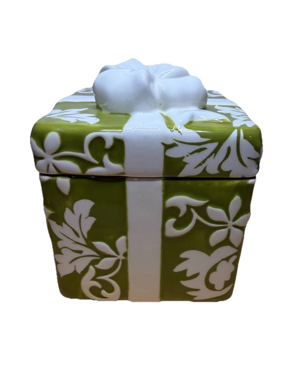 Ceramic Gift Box - Green Botanical Pattern with White Bow. 5x5x5